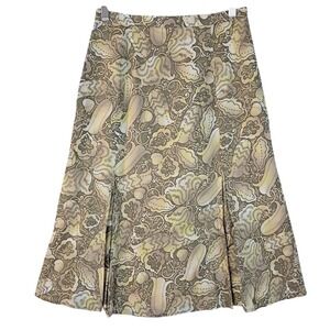 Vintage 90s‎ J. JILL 2 A-Line Skirt Olive & Gold Floral Print Kick Pleats Midi